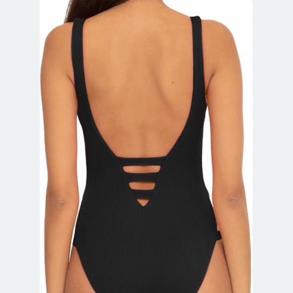 BECCA by Rebecca Virtue Fine Line Rib Sophie Strappy High Leg One-Piece White - Picture 3 of 4